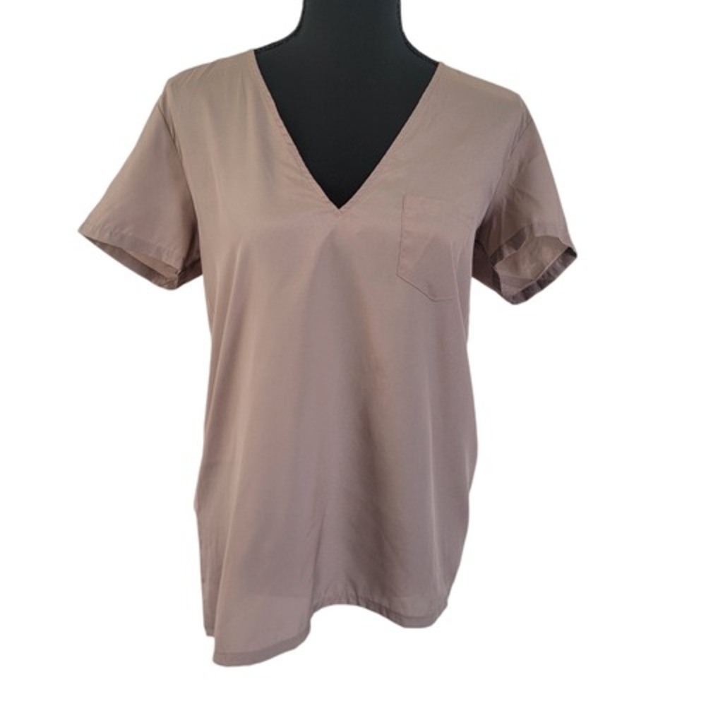 Silence + Noise Womens Taupe V-Neck Mixed Media Short Sleeve Pocket Blouse Small